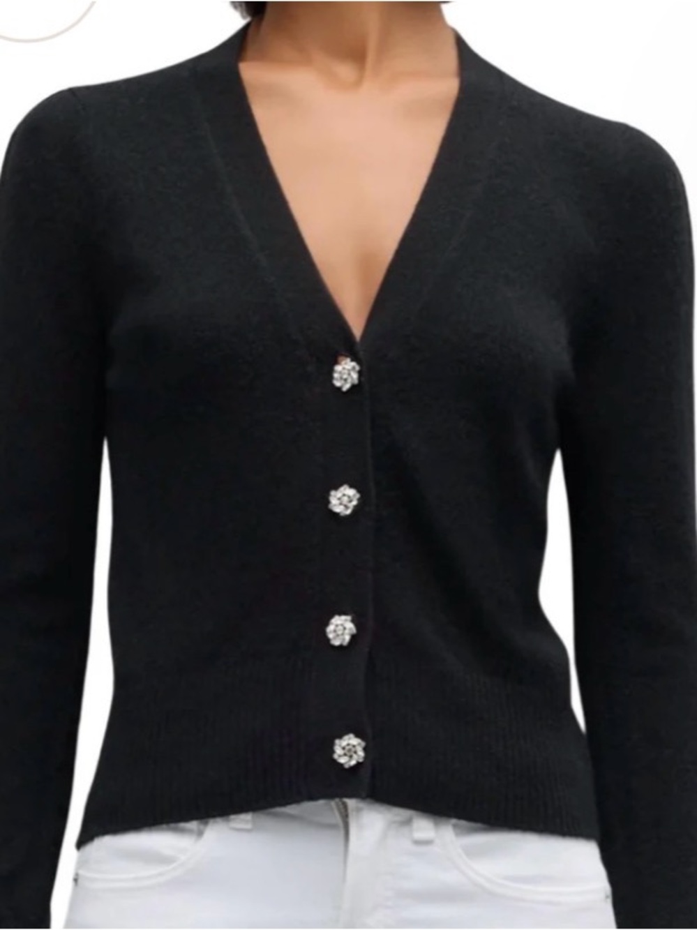 Veronica Beard Black V-Neck Cardigan with Crystal Buttons